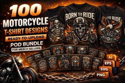 100 Motorcycle T-Shirt Designs Bundle ready to upload POD biker graphics