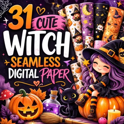 cute witch seamless digital paper bundle with 31 high quality Halloween themed pattern backgrounds for creative design projects