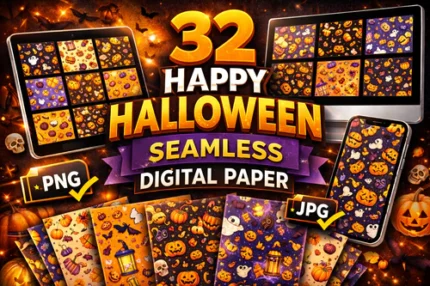 happy halloween seamless digital paper bundle with 32 spooky high quality pattern backgrounds for creative seasonal design projects