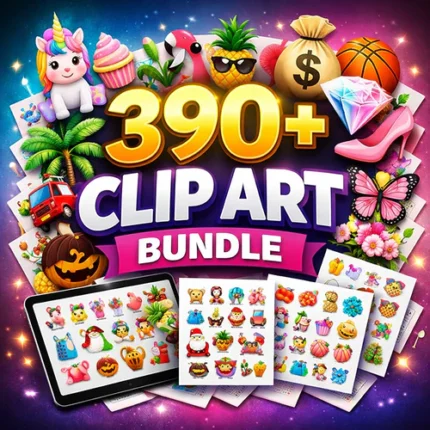 clip art PNG bundle with 390+ transparent design elements for creative projects and professional graphic design work