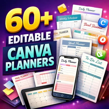 editable Canva planner templates bundle with 60+ productivity and business planning designs for organization and time management