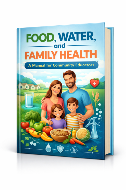 Food Water and Family Health manual for community educators showing health education, nutrition guidance, and safe water practices for community development and public health programs