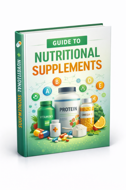 Guide to nutritional supplements showing vitamins, minerals, and health wellness concepts for nutrition education and healthy lifestyle improvement