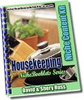 Housekeeping Guide showing clean organized home, cleaning tools, tidy living space, and home maintenance concept